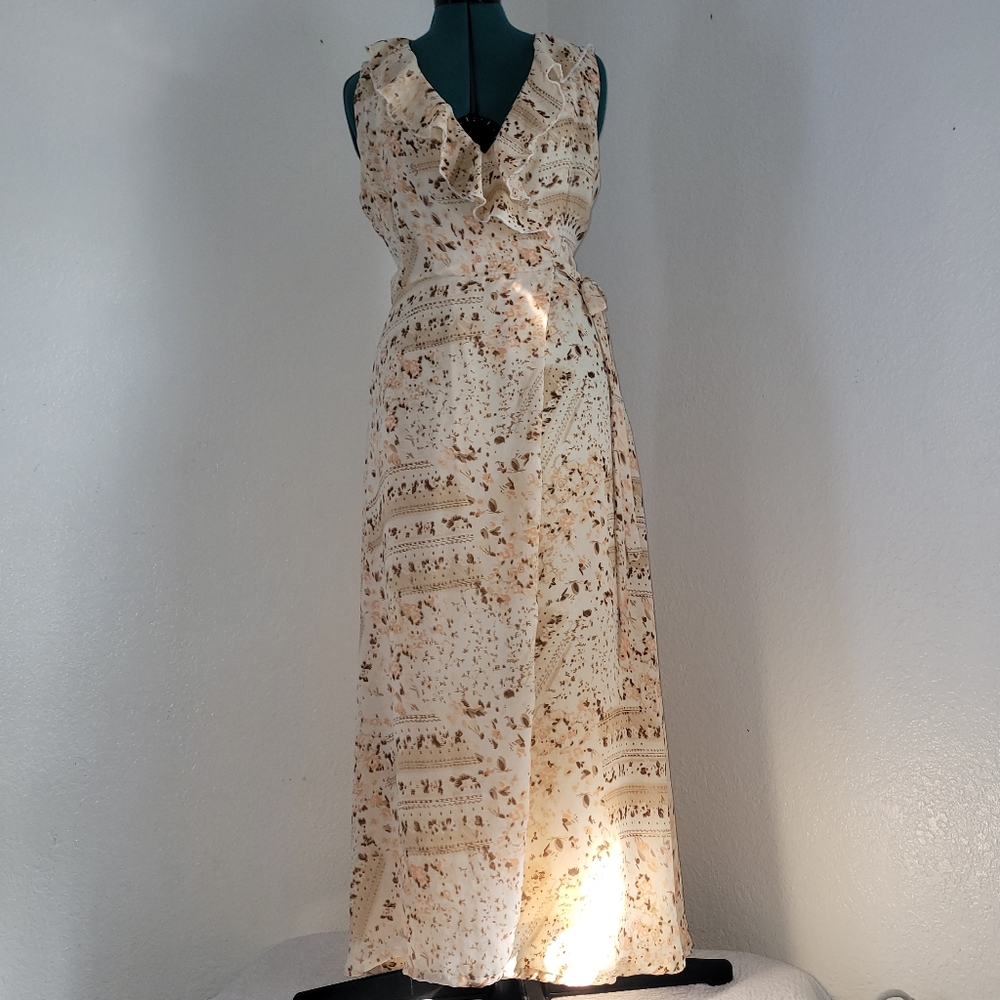 Vintage Cream TanMARLA KIM Floral Ruffled Trim Wrap Dress Size Medium